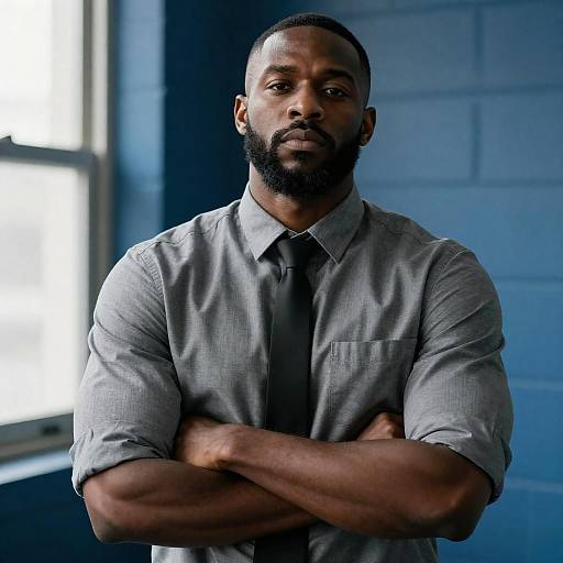 Confident Black Man in Gray Shirt and Black Tie
