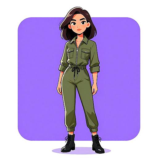 Digital anime-style drawing of a young woman with fair skin, black shoulder-length hair, wearing a green military jumpsuit, black boots, and standing against