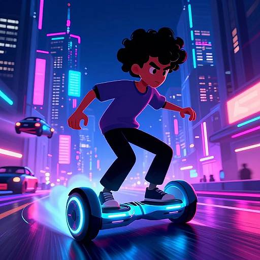 CGI digital artwork of a curly-haired boy riding a glowing blue hoverboard in a vibrant, neon-lit city street at night.