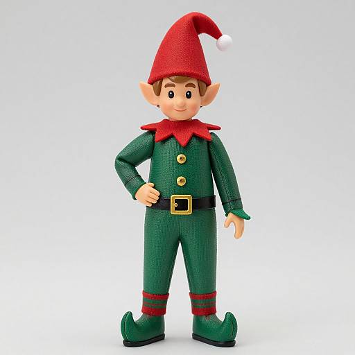 Photograph of a colorful, 3D Christmas elf figurine with green textured suit, red hat, collar, and boots, standing against a white