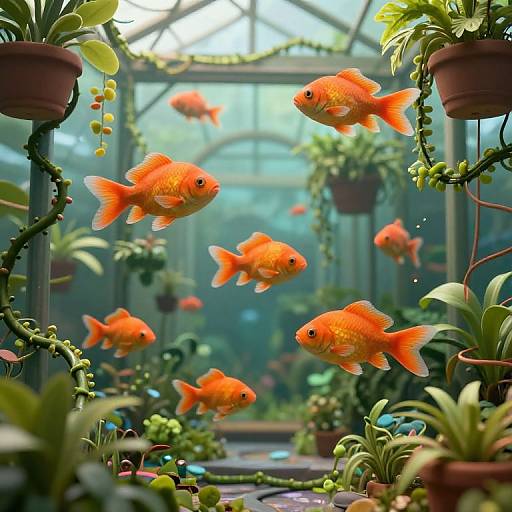 Digital art of vibrant orange goldfish swimming among lush potted plants in a sunlit, glass-arched greenhouse. Bright, colorful, and whims
