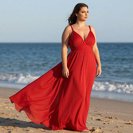 Photograph of a curvy woman with fair skin and dark hair, wearing a flowing, deep red, V-neck dress, standing on a sandy beach