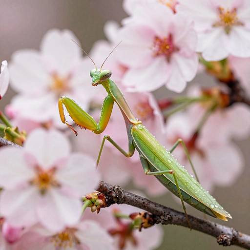 Photograph of a vibrant green praying mantis perched on a branch, surrounded by soft-focus pink cherry blossoms, highlighting its detailed wings and antenn