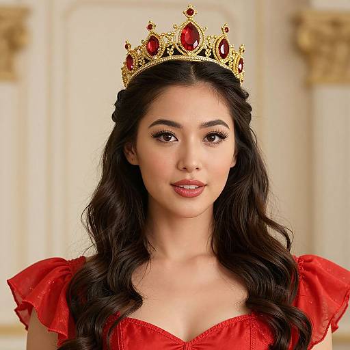 Photograph of a beautiful young woman with long, wavy black hair, wearing a gold crown with red gems and a red, ruffled dress,