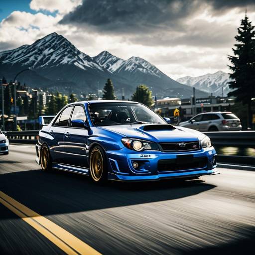 Tuned Blue Subaru Impreza on Mountain Road