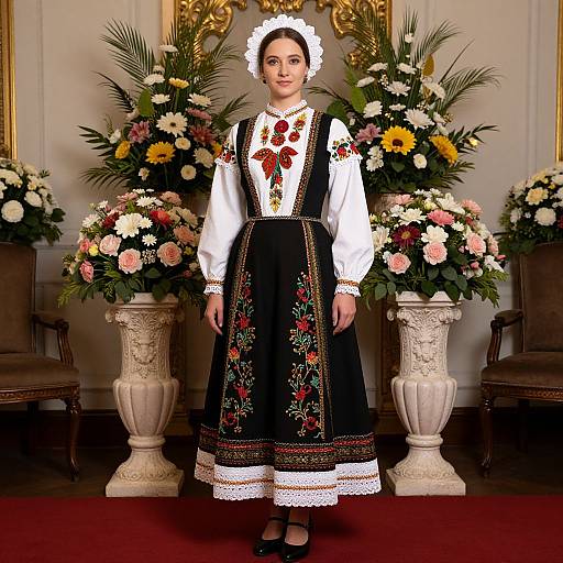 Photograph of a young woman in traditional Romanian dress, black embroidered skirt, white blouse, red floral brooch, white headscarf, standing in