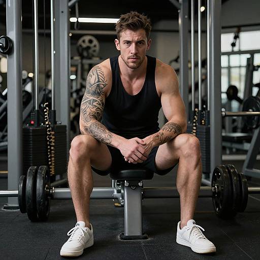 Muscular man with tattoos, black tank top, shorts, and white sneakers, squatting in a gym with weights and equipment behind. Photograph.