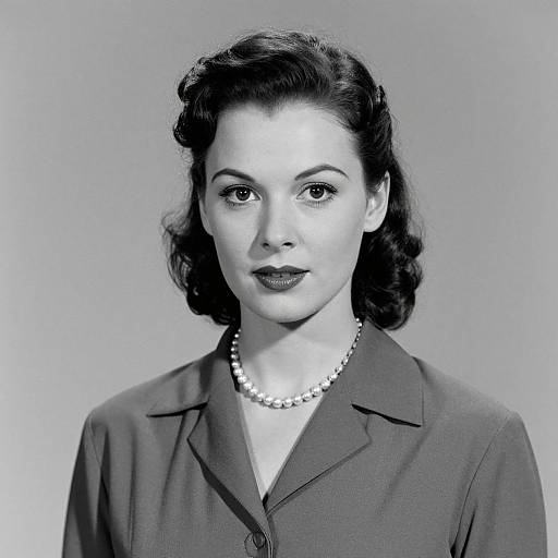 Black-and-white photograph of a 1940s-style woman with dark, wavy hair, wearing a pearl necklace and a buttoned blazer.
