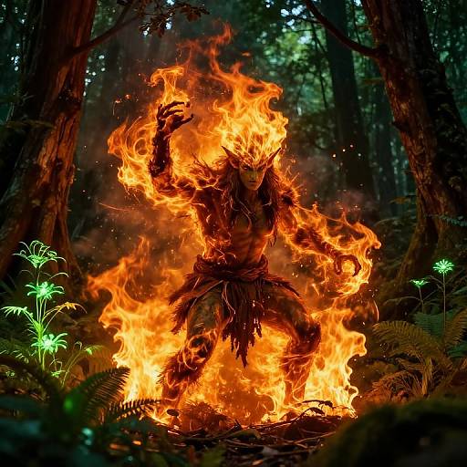 Digital artwork of a muscular, humanoid figure engulfed in bright orange flames, standing in a dark forest with glowing green plants.