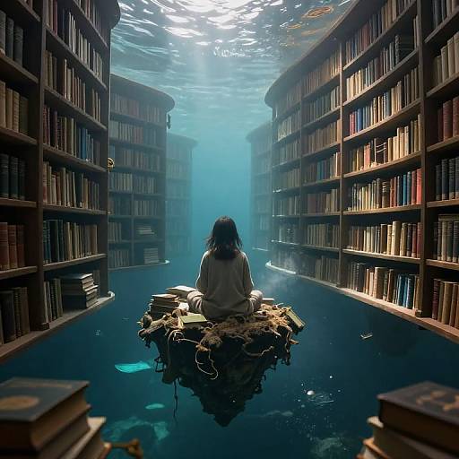 Digital art: Mysterious girl with black hair sits on floating book island in flooded, sunlit library aisle, surrounded by towering shelves.