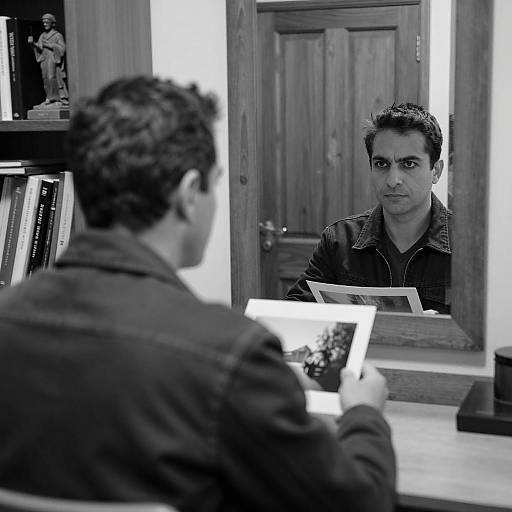 Man Gazing at Photograph in Mirror Reflection