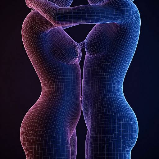 Digital CGI image of two mesh-rendered, neon blue and pink human figures embracing, highlighting their curves and torsos against a black background.