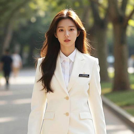 Photograph of an Asian woman with long black hair, wearing a white suit, standing on a sunlit, tree-lined pathway.