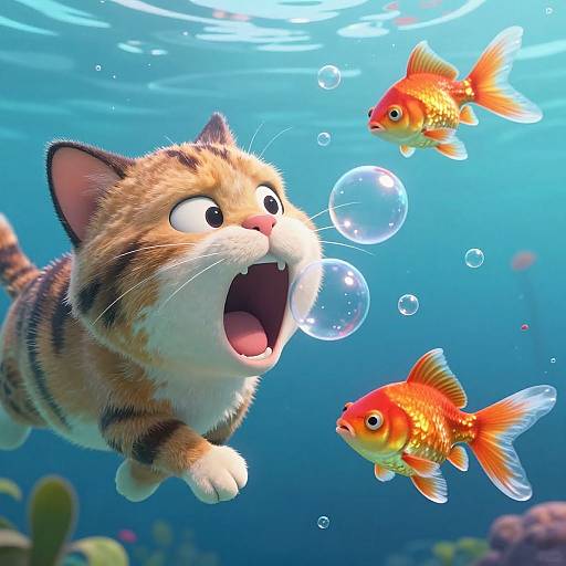 Digital illustration of an excited, wide-eyed, orange tabby kitten chasing two orange goldfish with bubbles in a vibrant blue underwater scene.
