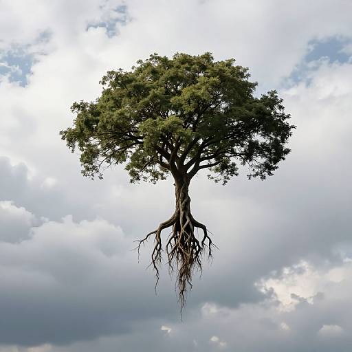 Photograph of a floating tree with dense green foliage and visible roots against a cloudy blue sky background.
