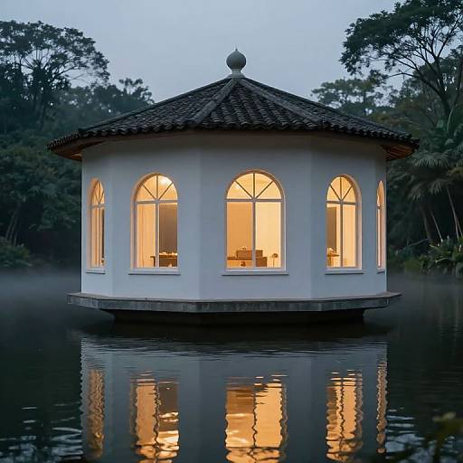 Photograph of a white, circular pavilion with glowing yellow windows, floating on a calm lake at dusk, surrounded by dark trees.