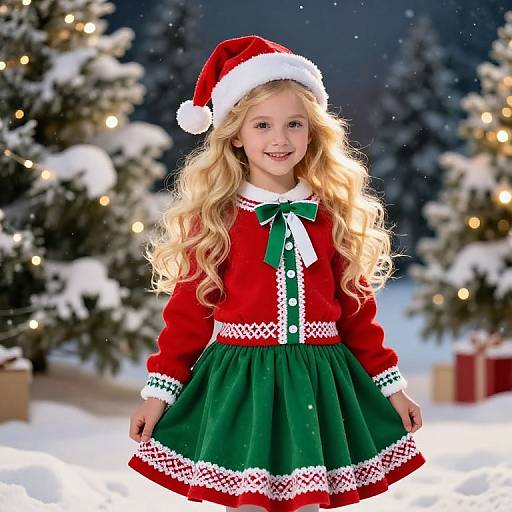 Photograph of a smiling blonde girl in a red Santa hat, red sweater, and green skirt with white trim, standing in a snowy forest with Christmas