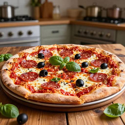 Photograph of a pepperoni pizza with black olives and basil on a wooden table in a rustic kitchen.