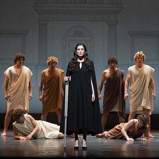 Cloaked Woman Amid Chaotic Greek Chorus