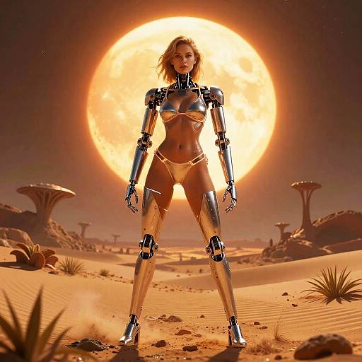 CGI image of a robotic woman in metallic bikini, standing confidently in a desert with a large, glowing sun behind her. Unique, futuristic landscape with