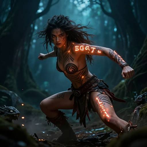 Digital fantasy artwork of a fierce, tattooed woman with glowing runes, wild hair, tribal loincloth, and arm tattoos, running through a dark