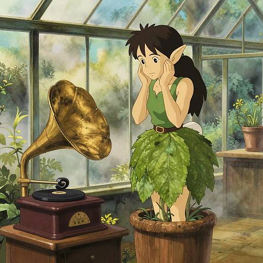 Digital anime-style drawing of a surprised elf girl with green leaf skirt and black hair, standing in a greenhouse, hands on cheeks, next to a vintage