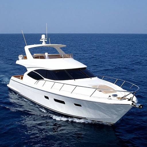 Photograph of a sleek, white yacht cruising on calm, deep blue ocean waters under a clear, bright blue sky.