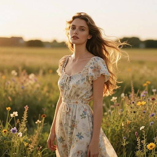 Photograph of a young woman with long, wavy brown hair, wearing a floral, short-sleeve dress, standing in a sunlit me