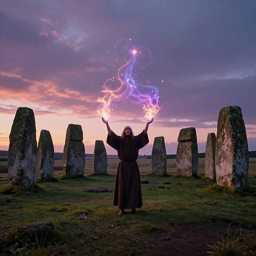 Photograph of a robed figure with glowing purple and white magical energy above their hands, standing among ancient stone monoliths at sunset.