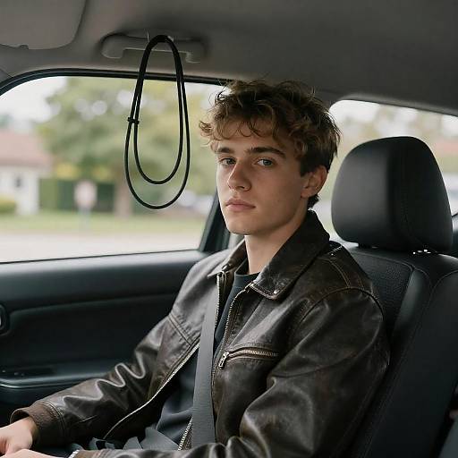 Young Man in Car with Neutral Expression