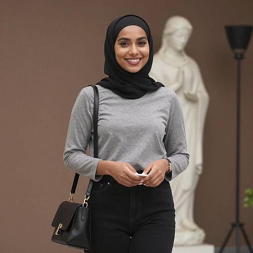 Photograph of a smiling young woman with light brown skin, wearing a black hijab, gray long-sleeve shirt, and black pants, carrying