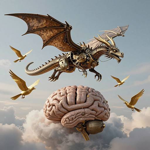 Photograph-like digital illustration: A mechanical dragon with brass and gold elements flies above a floating, detailed human brain, surrounded by golden birds, set against