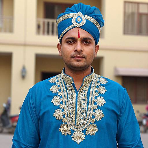 Photograph of a South Asian man with medium brown skin, wearing a blue traditional kurta with intricate gold embroidery, blue turban, and red bind