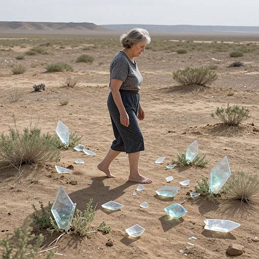 Photograph of a barefoot elderly woman in a checkered shirt and navy skirt, walking through a desert with scattered glowing crystals.