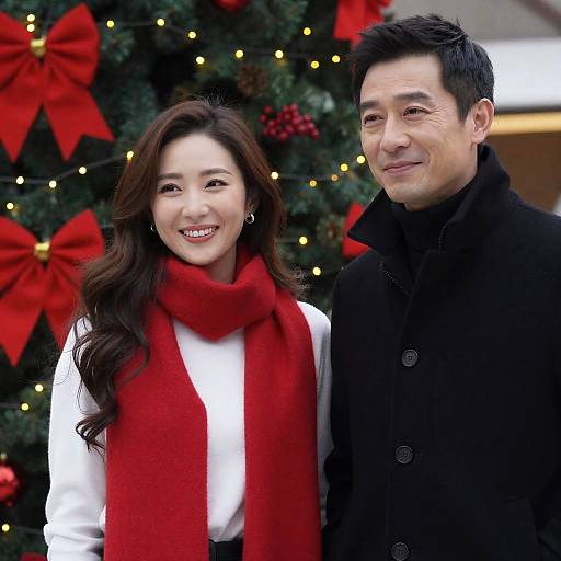 Couple Outdoors Among Christmas Decor