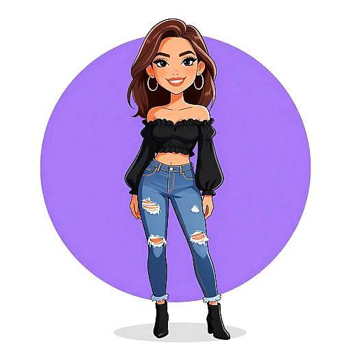 Digital illustration of a smiling woman with long brown hair, wearing an off-shoulder black top, ripped blue jeans, black boots, and hoop earrings