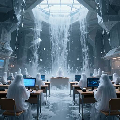 Digital artwork of a dimly-lit, futuristic laboratory with ghost-like figures in white sheets working at computers, surrounded by icy waterfalls.