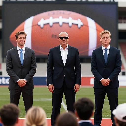 Three Men in Suits on Stadium Stage