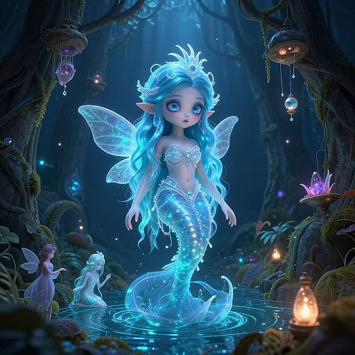 Digital artwork of a glowing blue mermaid fairy with long, luminescent hair and delicate wings, standing in a mystical, enchanted forest with glowing lantern