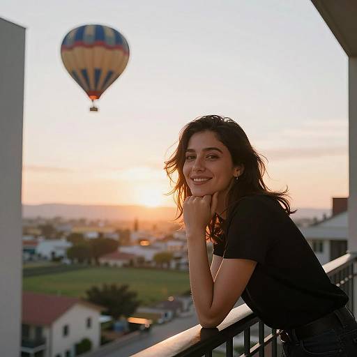 Sunset Balcony Scene with Smiling Woman