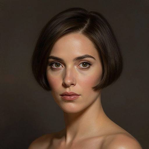 Photograph of a fair-skinned woman with short, dark brown bob haircut, green eyes, and neutral makeup, against a dark background.