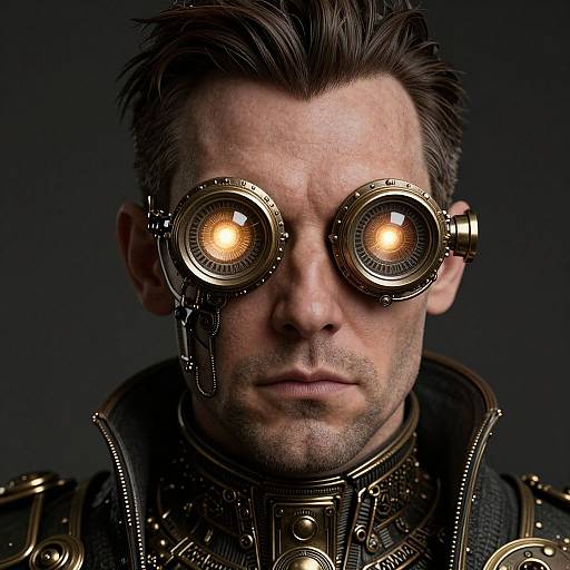 Photorealistic CGI of a serious-looking man with dark hair, wearing steampunk goggles with glowing orange lenses, metallic armor, and a dark background