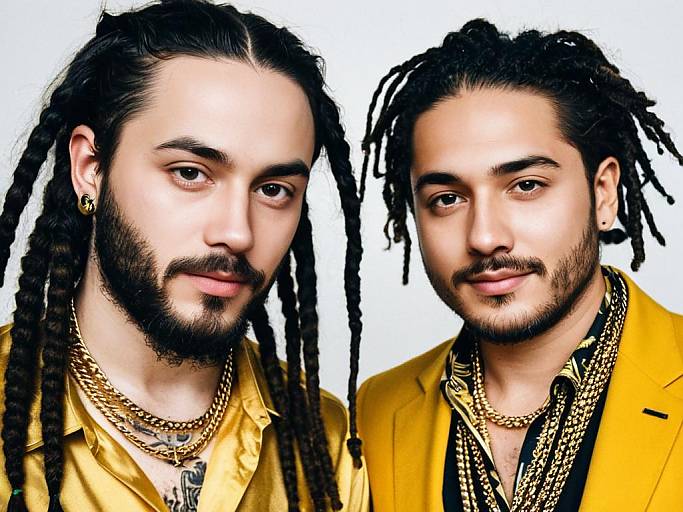 Photograph of two identical men with long black dreadlocks, beards, gold chains, and yellow shirts, against a plain white background.