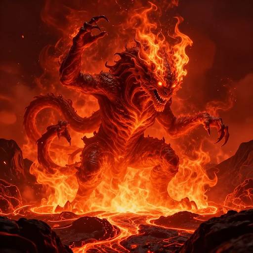 Digital illustration of a fiery, demonic creature with glowing red eyes and sharp claws, emerging from a blazing inferno on a rocky, lava-filled landscape.