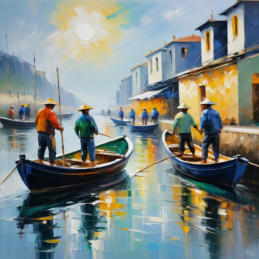 Monet-Style Fishermen: Energetic Oil Painting