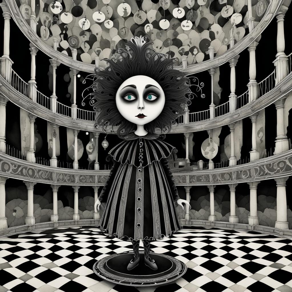 Melancholic Jester in Crumbling Theater