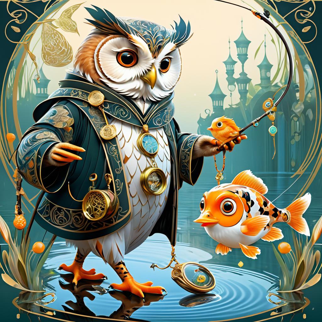 Whimsical Owl Walking a Goldfish