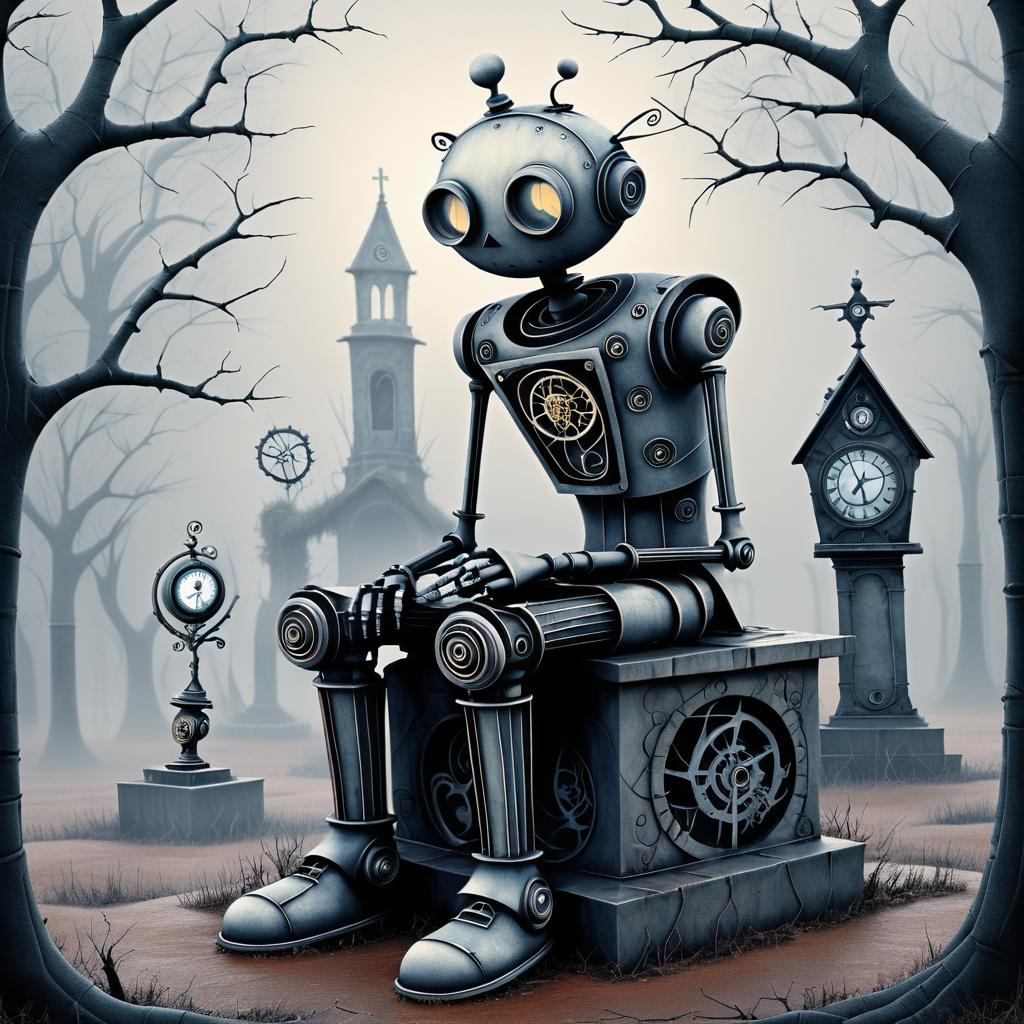 Melancholy Robot in Misty Graveyard