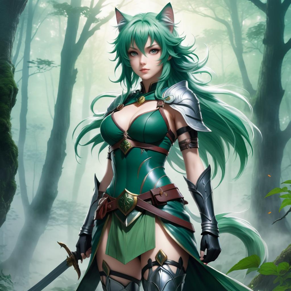 Confident Feline Warrior in Haunted Forest