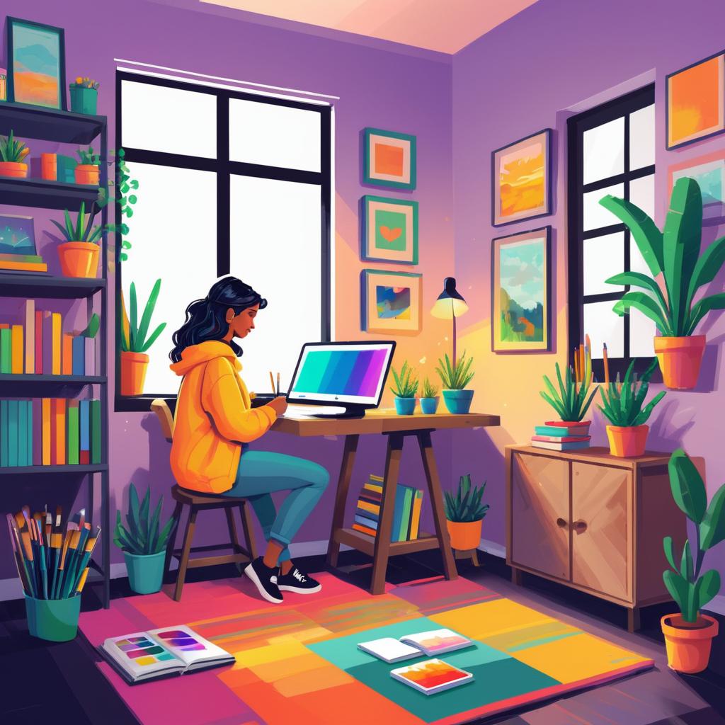 Cheerful Pixel Artist in Cozy Studio